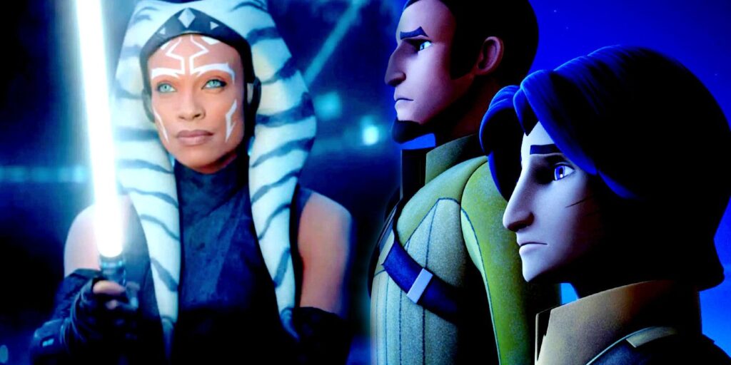 Live-action Ahsoka and Kanan Jarrus and Ezra Bridger in Star Wars Rebels.