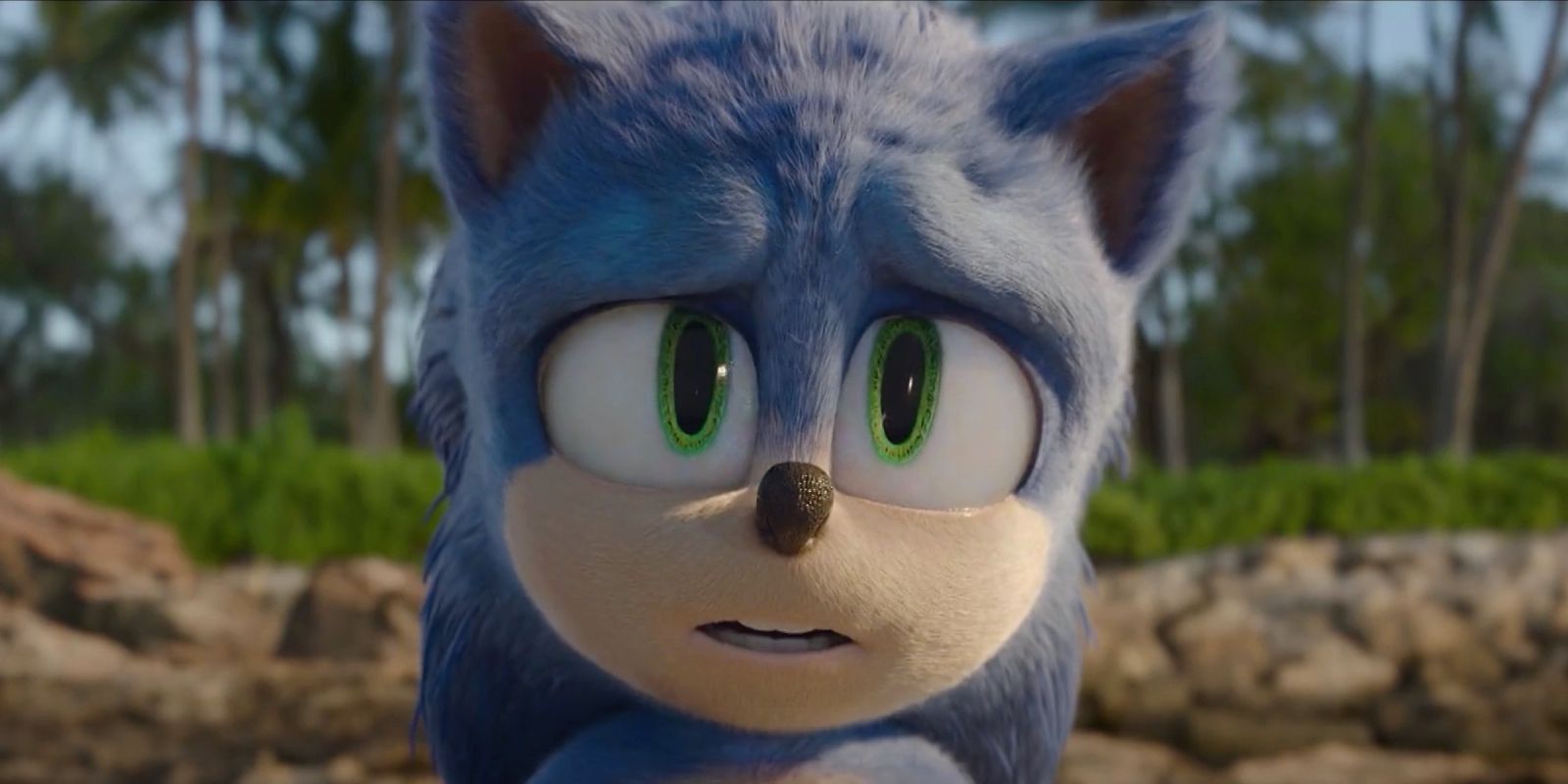 Ben Schwartz as Sonic looking worried in Sonic the Hedgehog 2