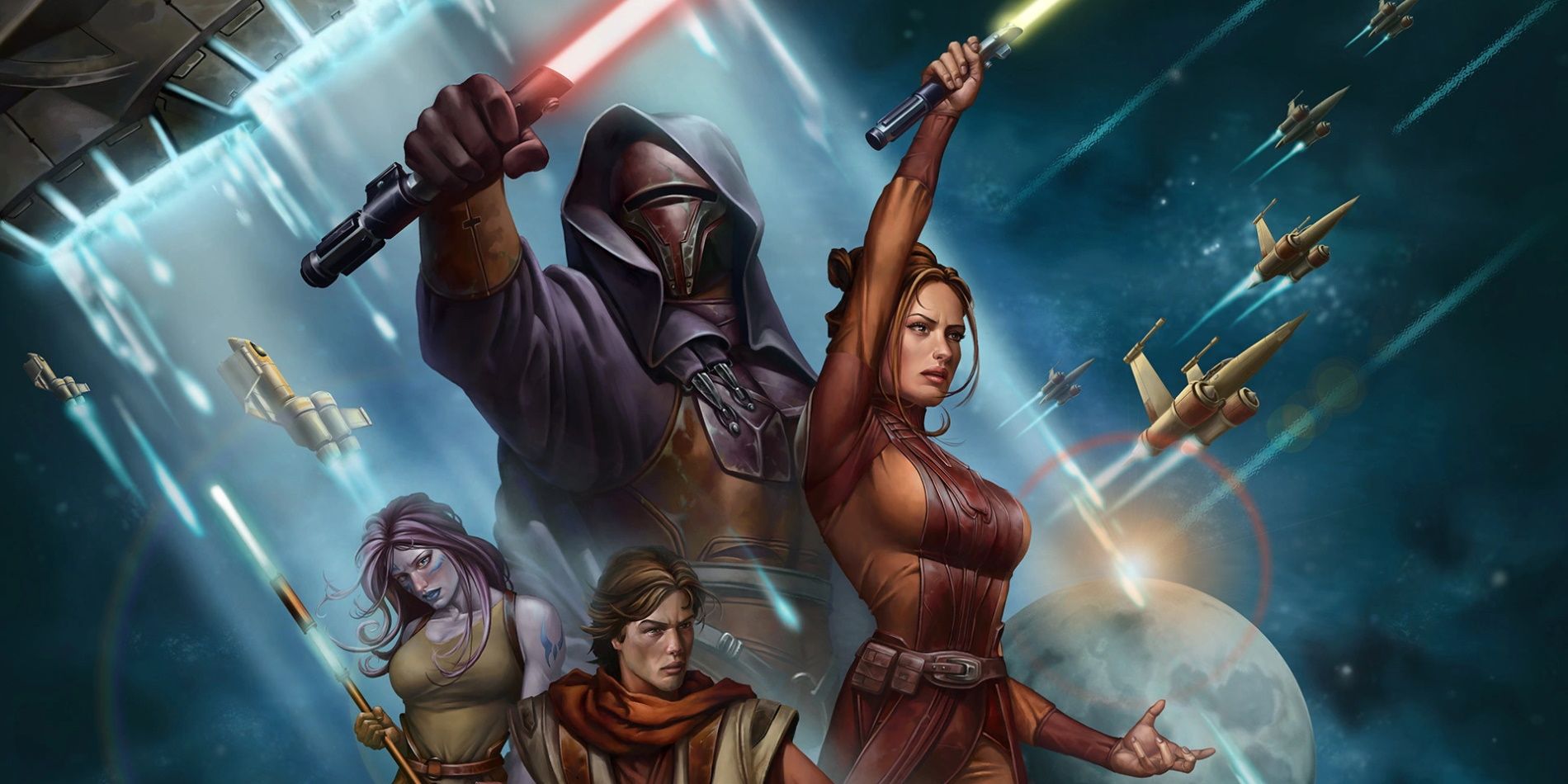 Characters from Knights of the Old Republic stand together in classic Star Wars-style key art.