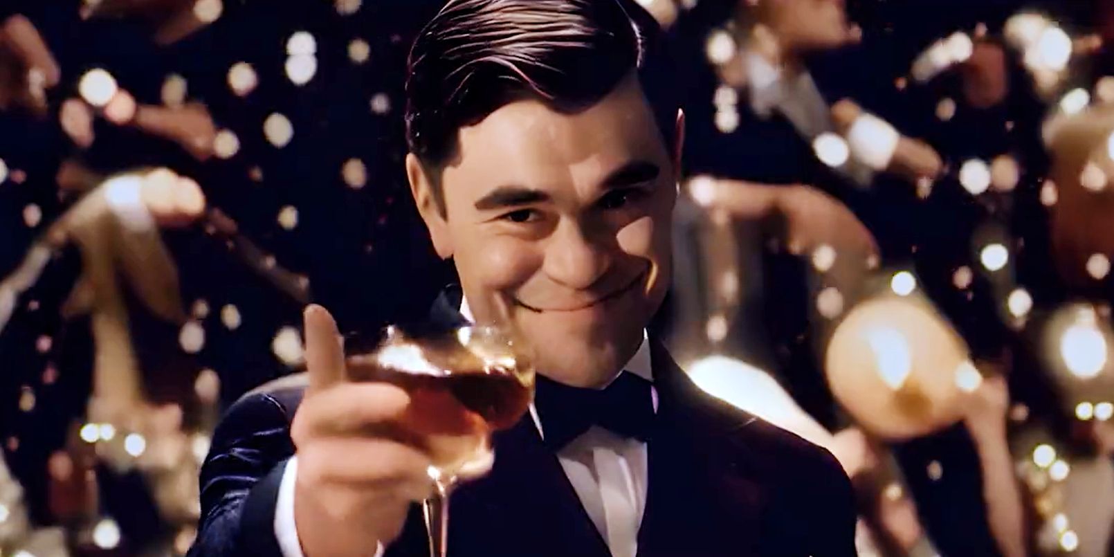 Man in AI generated trailer raising glass like Leonardo DiCaprio in The Great Gatsby