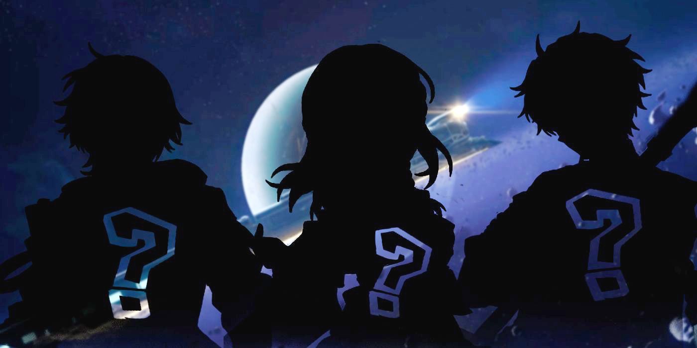 Three characters' silhouettes in front of a cosmic background showing a planet and its rings.