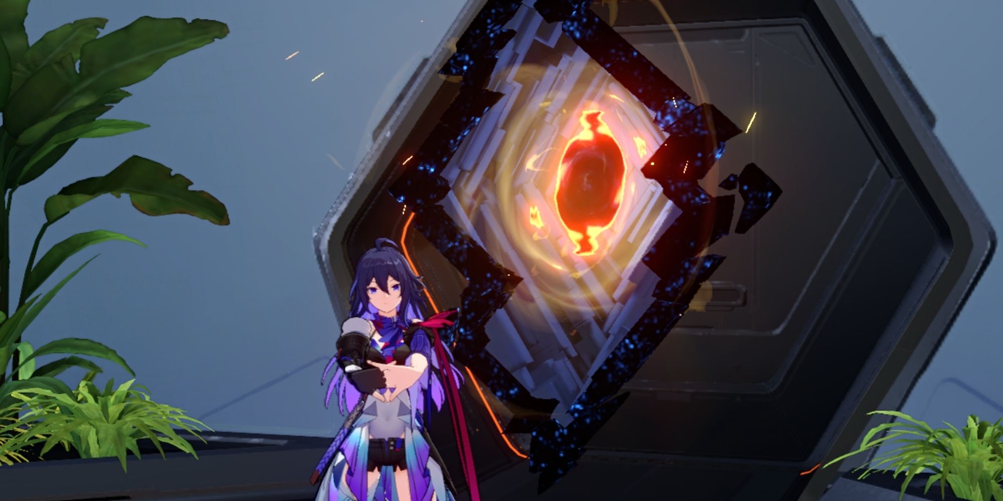 Honkai Star Rail's Seele stretching in front of a Cavern of Corrosion inside Herta Space Station.