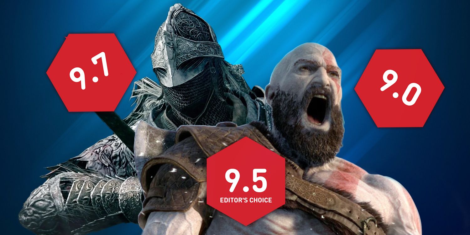 An Elden Ring Tarnished and God of War's Kratos centered on a blue background surrounded by IGN's hexagonal review score markers, which read