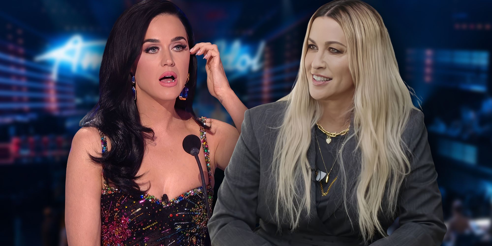 American Idol's Katy Perry looking shocked and guest judge Alanis Morissette smiling