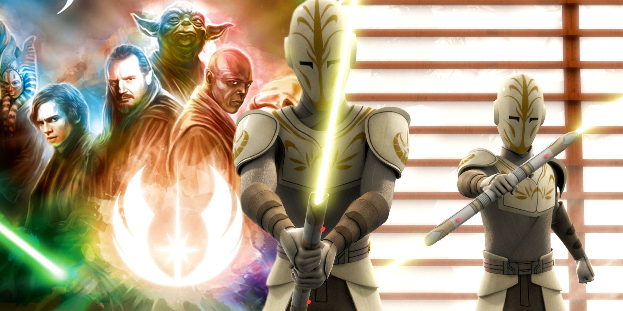 Jedi Temple Guards from Star Wars: Rebels next to artwork of the prequel Jedi Order