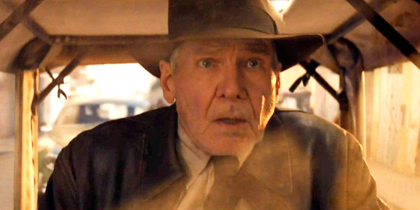 Harrison Ford driving in Indiana Jones and the Dial of Destiny.