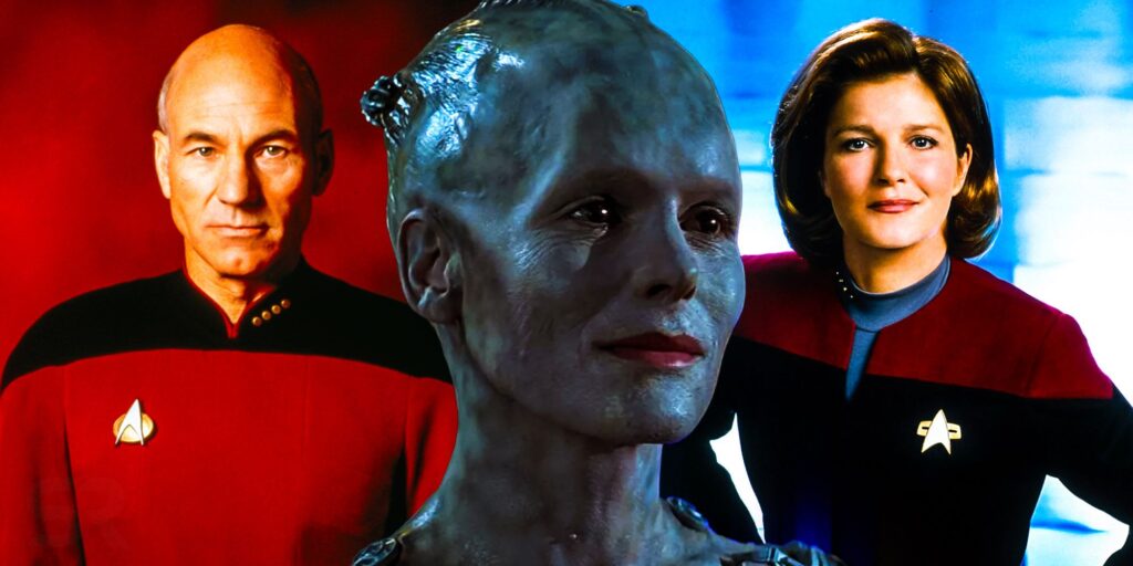 Jean-Luc Picard, Kathryn Janeway, and the Borg Queen from Star Trek.