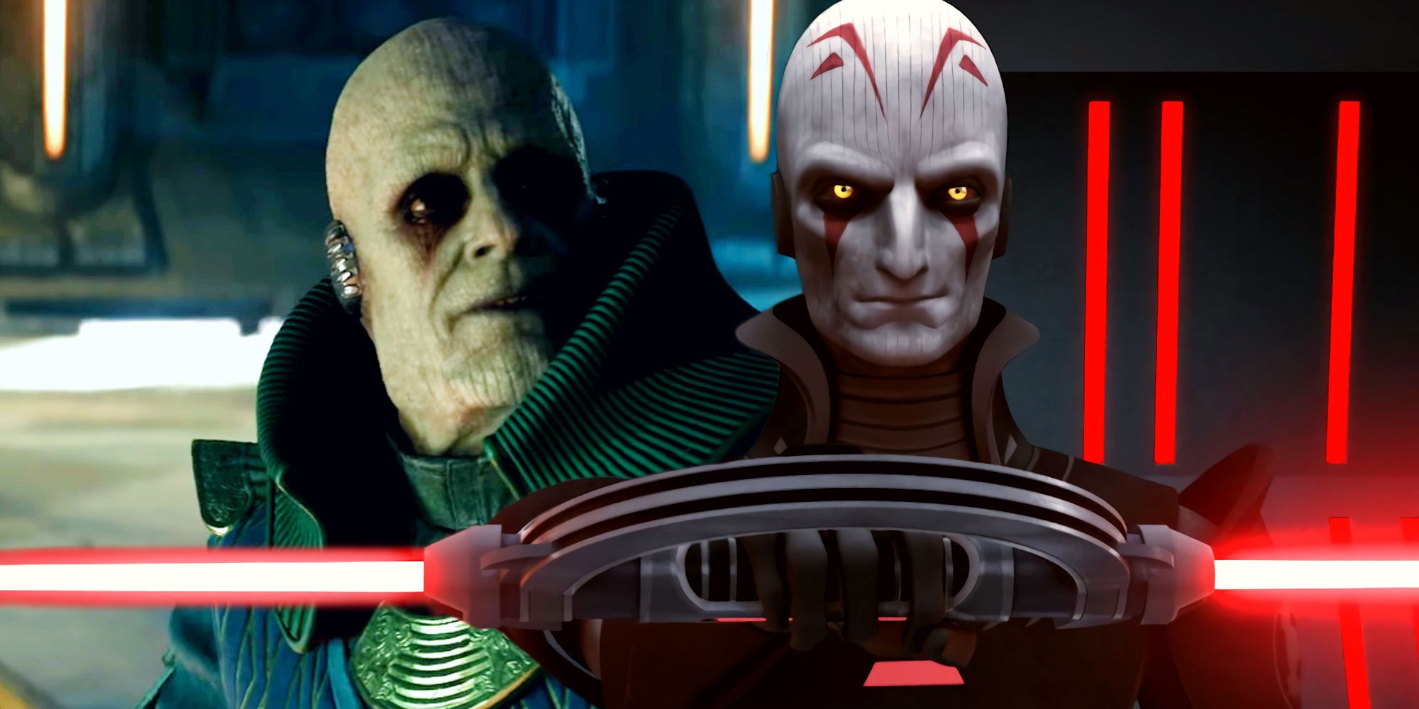 Star Wars' Grand Inquisitor with his double-bladed lightsaber ignited in front of Senator Sejan from Jedi: Survivor.
