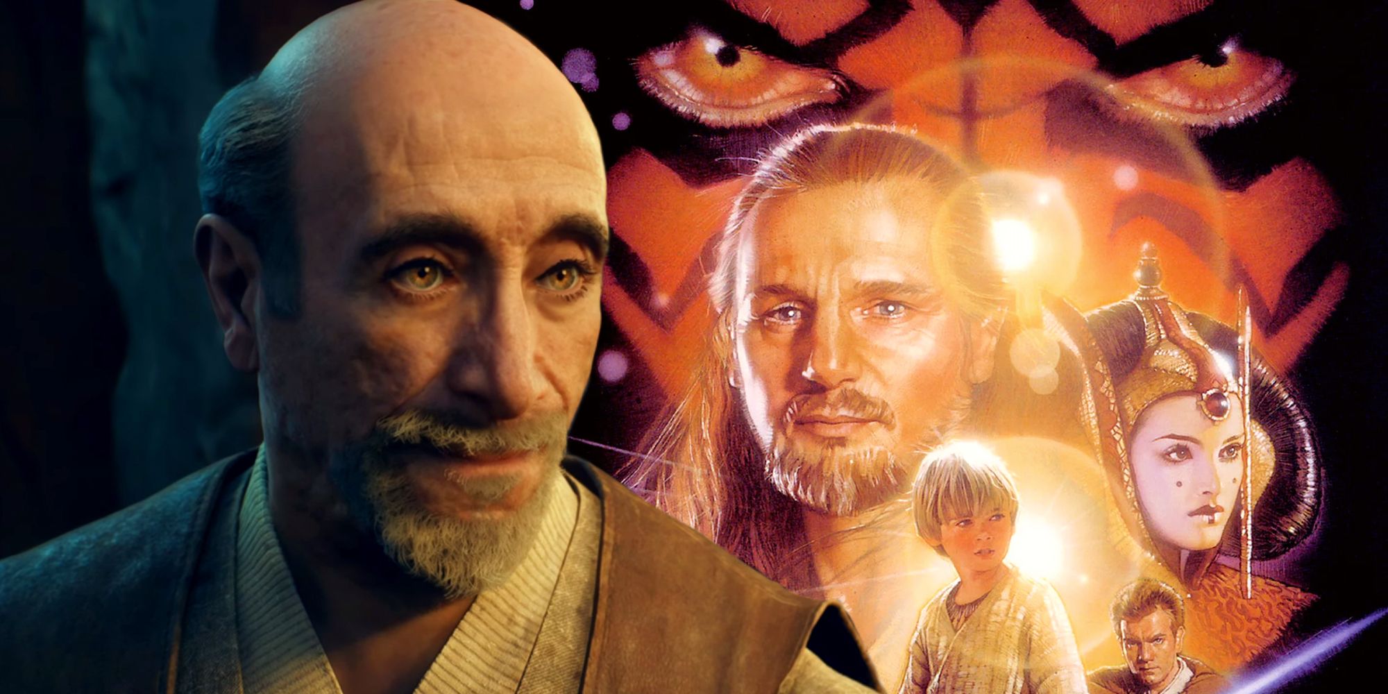 Jedi Master Eno Cordova from Star Wars Jedi: Survivor next to the poster art for The Phantom Menace, showing Qui-Gon Jinn, Anakin, Queen Amadala, and Obi-Wan Kenobi in front of Darth Maul's face.