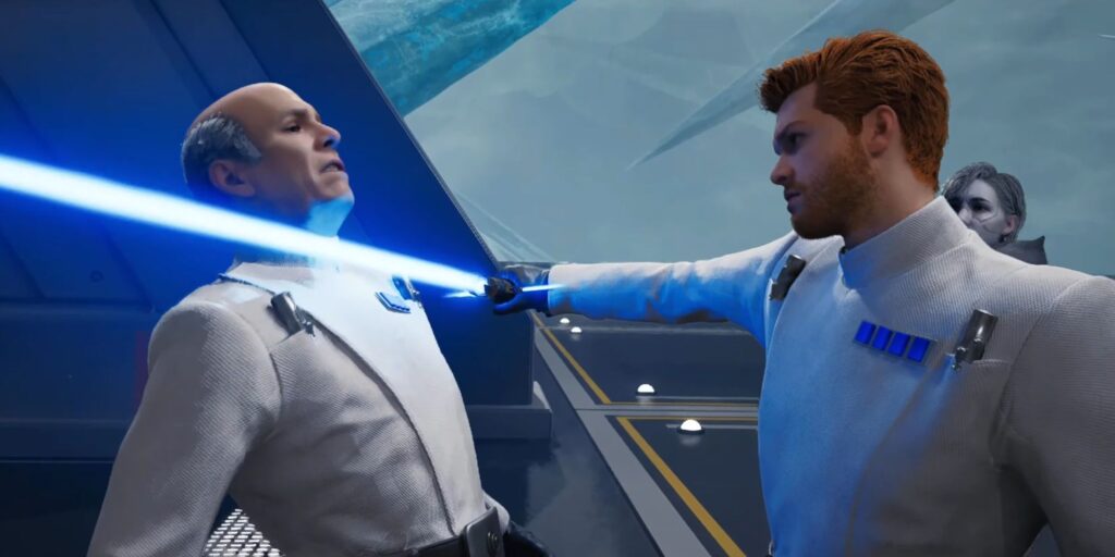 Cal Kestis threatens ISB Commander Denvik with his lightsaber in Star Wars Jedi: Survivor