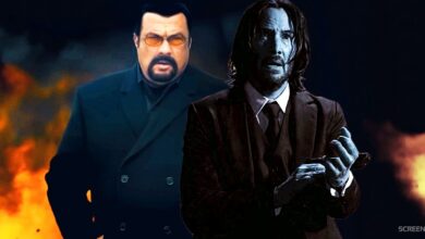 Steven Seagal with fire behind him and Keanu Reeves John Wick superimposed next to him