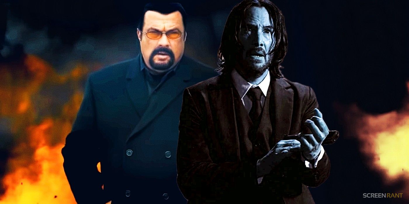 Steven Seagal with fire behind him and Keanu Reeves John Wick superimposed next to him