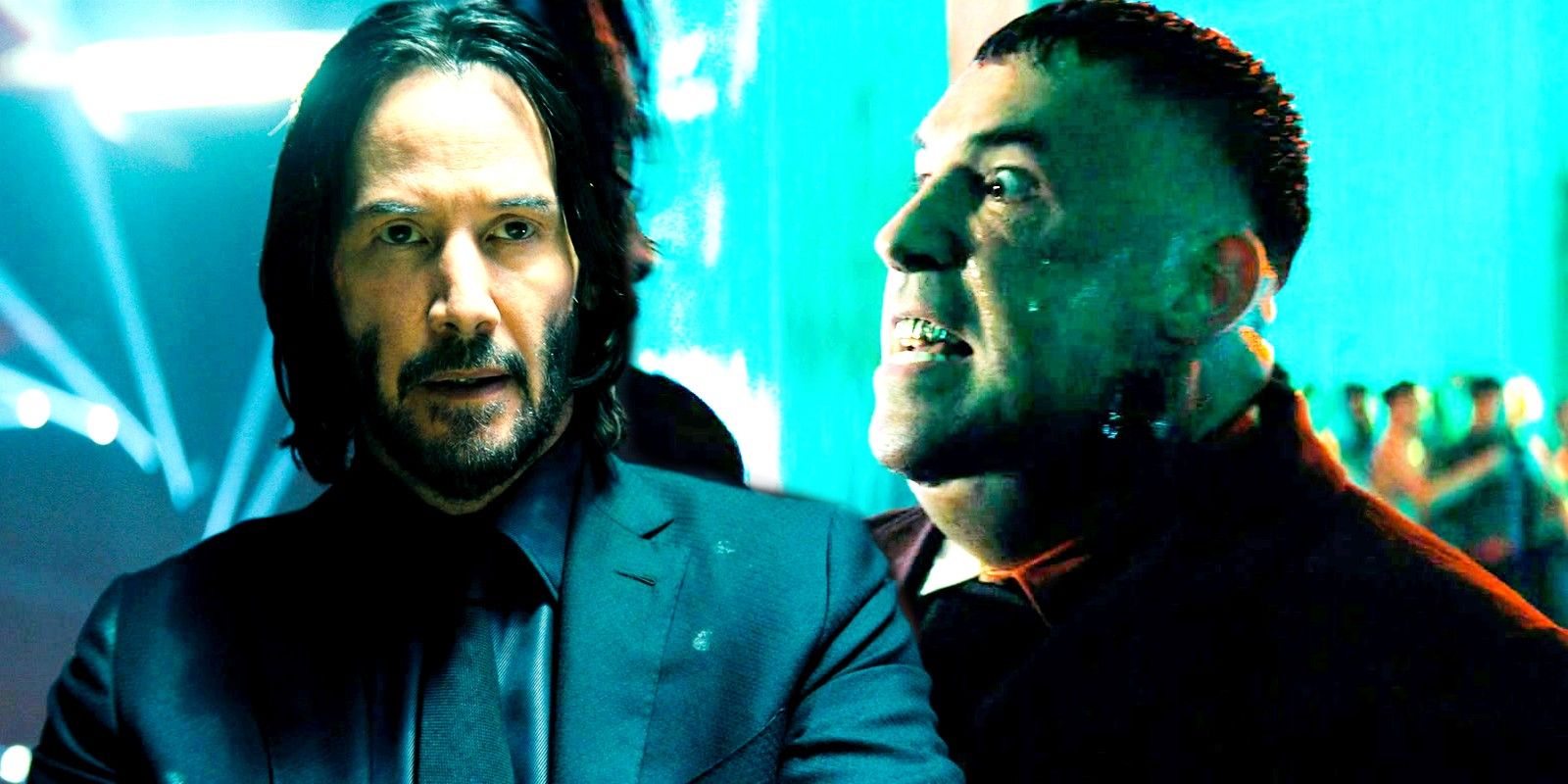 Blended image of John Wick at the poker table and Killa holding John in a fight in John Wick 4