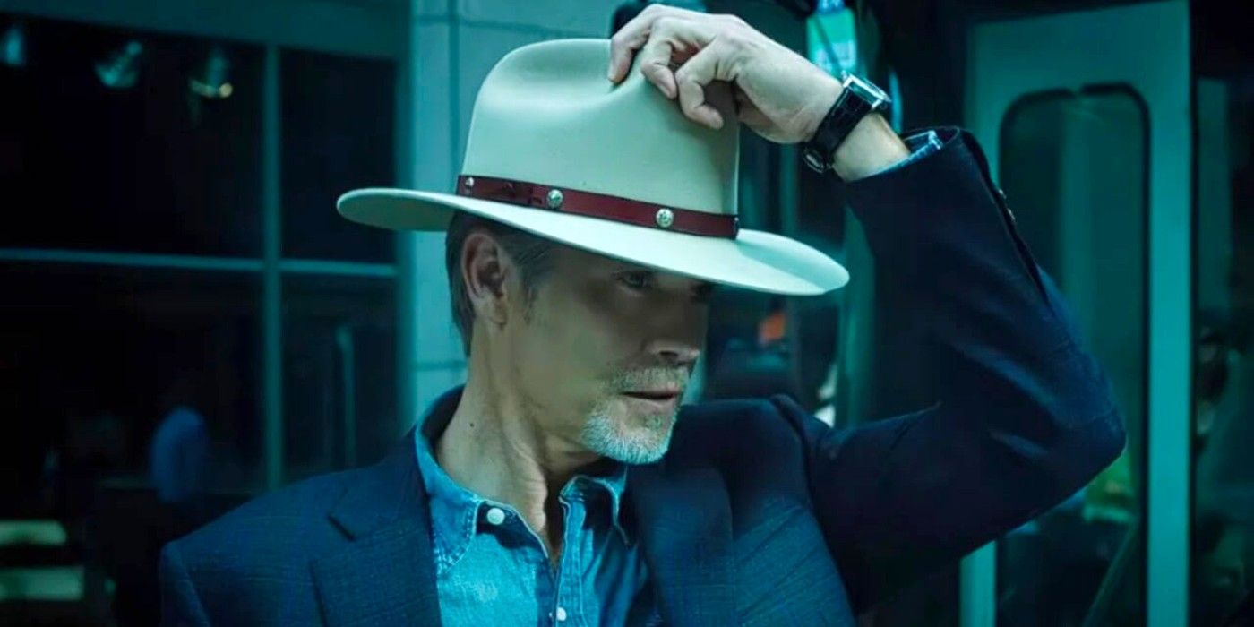 Raylan Givens putting his hat on in Justified City Primeval