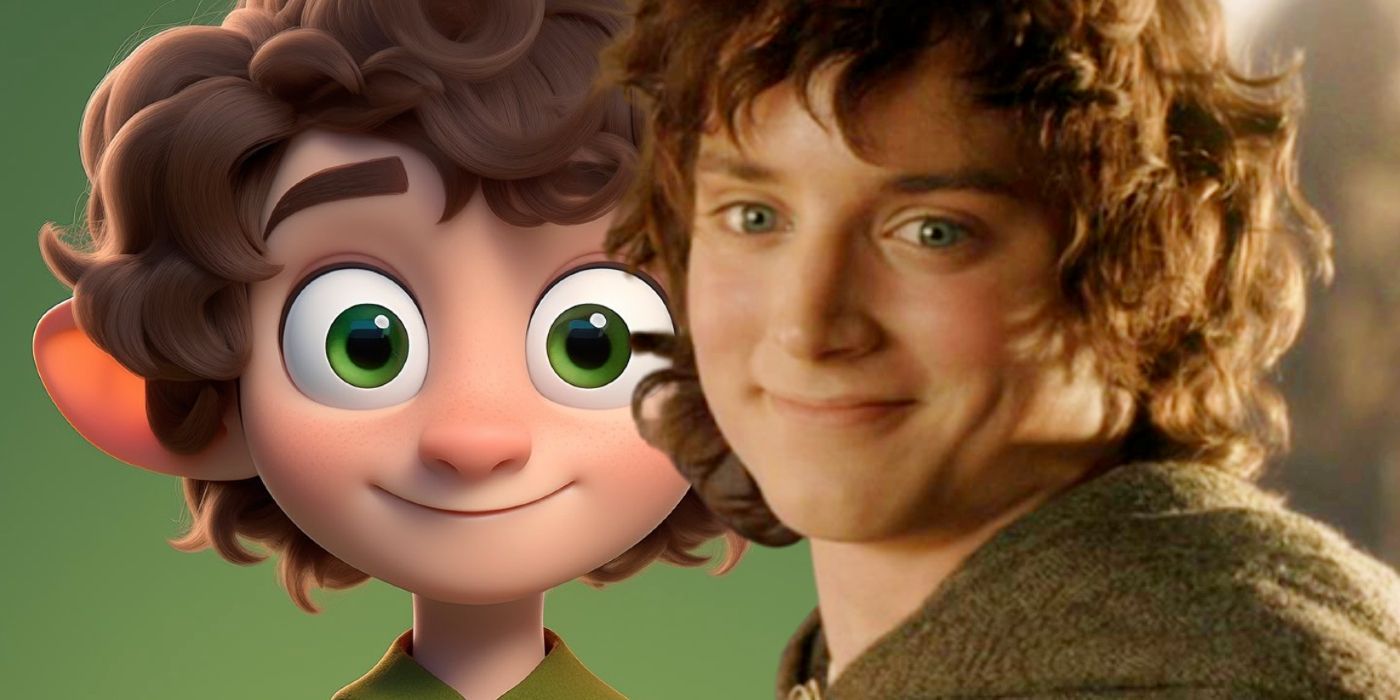 Custom image of Frodo as Pixar AI art and Elijah Wood as Frodo in The Lord of the Rings.