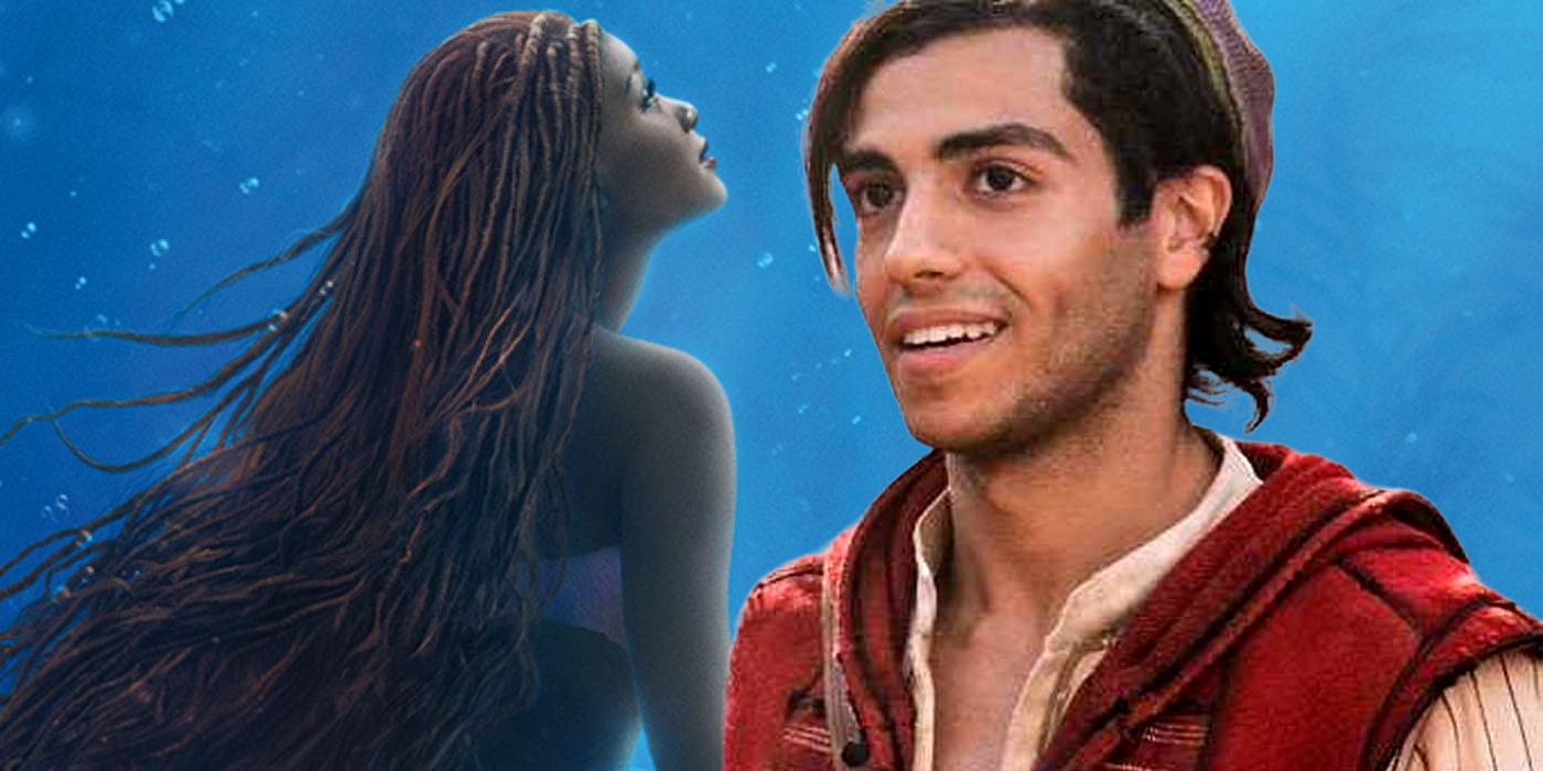 Mena Massoud as Aladdin in Front of Halle Bailey as The Little Mermaid