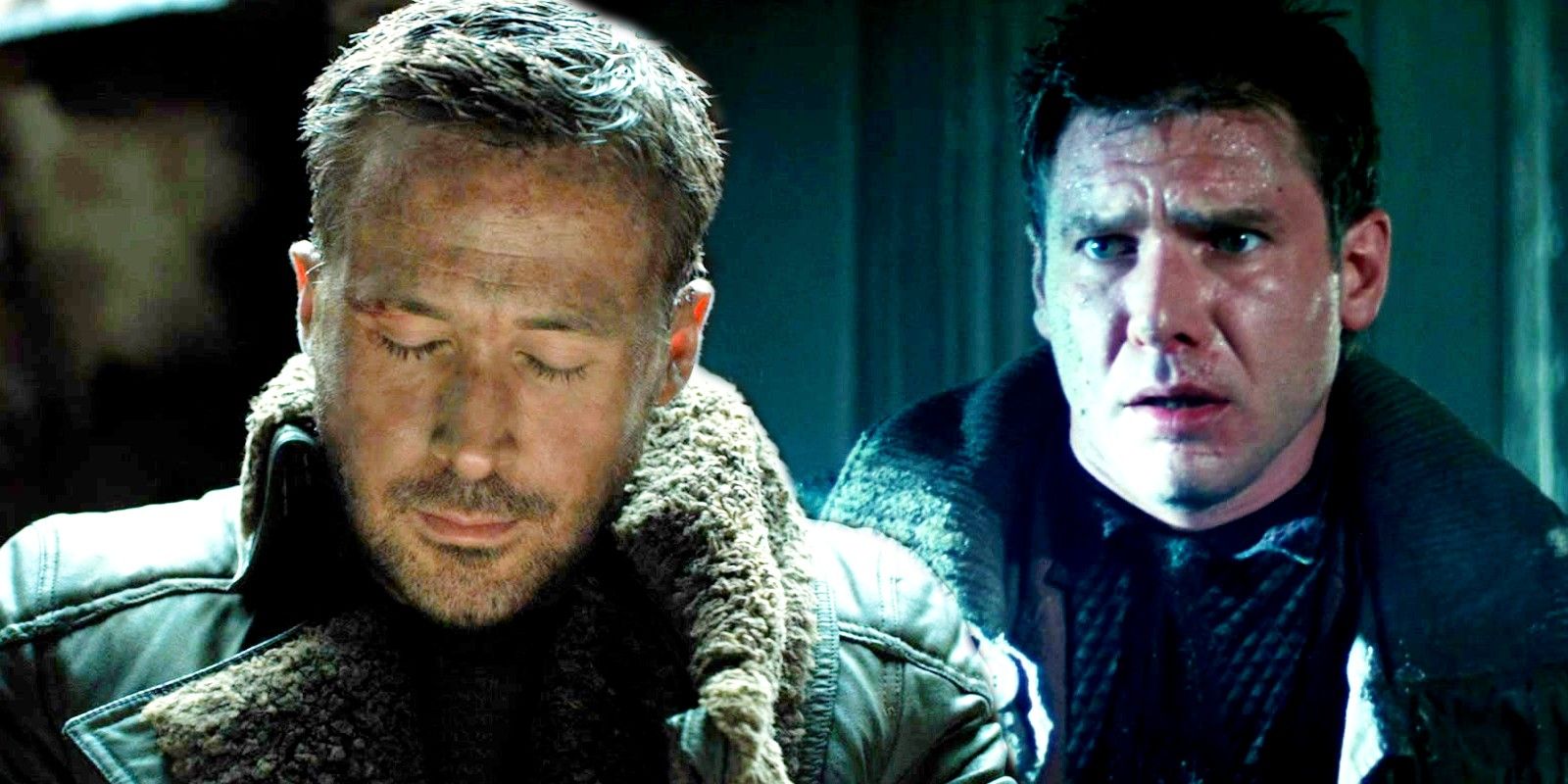 Blended image of K looking down in Blade Runner 2049 and Deckard looking confused in Blade Runner