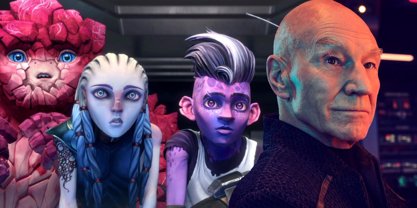 Rok Tahk, Gwyn, Dal R'El, and Jean-Luc Picard from Star Trek: Prodigy and Picard.