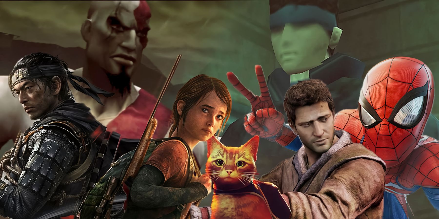 A collage of PlayStation exclusive characters - Kratos and Snake in the background, with Jin, Ellie, the cat from Stray, Nathan Drake, and Spider-Man in the foreground.