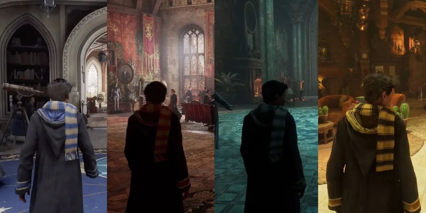 The Four Houses In Hogwarts Legacy. Compilation of four images, with a student from each house looking into their common rooms.
