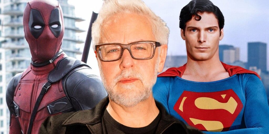 Montage of James Gunn with Ryan Reynolds' Deadpool on his left and Christopher Reeve's Superman on his right.
