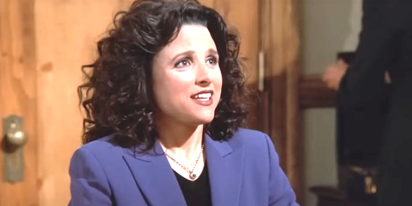 Julia Louis-Dreyfus as Elaine in Seinfeld The Finale sitting in a courtroom office looking concerned