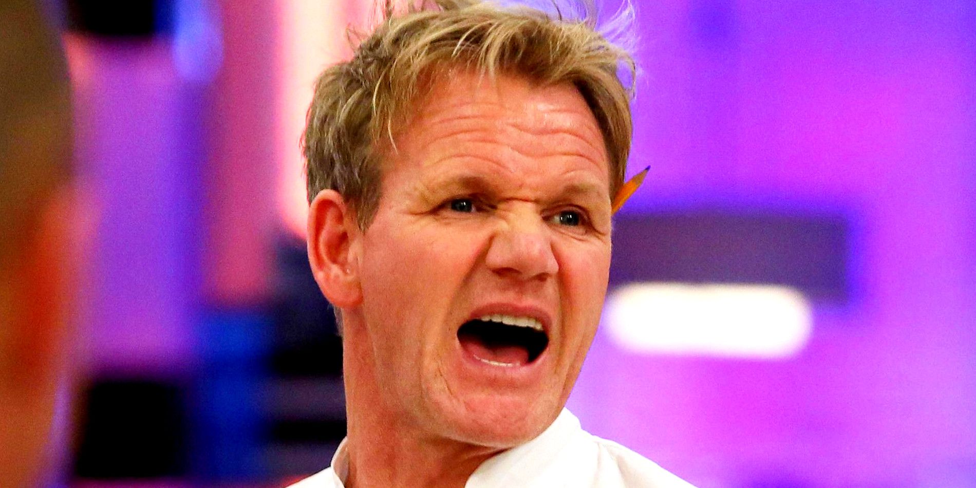 Gordon Ramsey in close up yelling on Kitchen Nightmares
