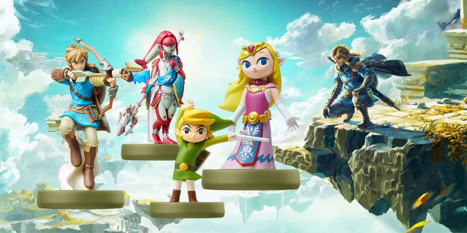 The Tears of the Kingdom poster background with four of the Zelda Amiibos in front of it