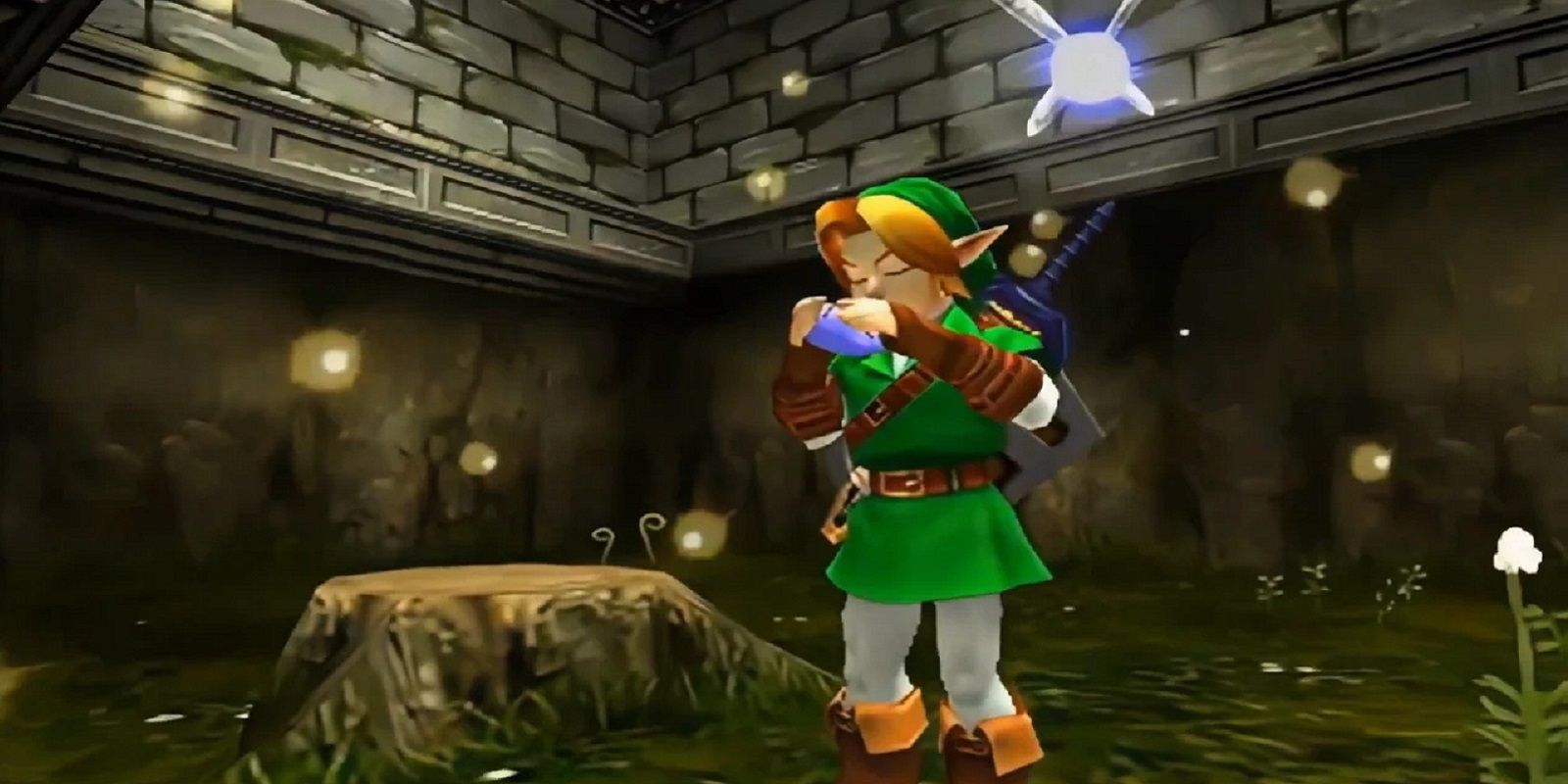 Adult Link playing Ocarina in Ocarina of Time 3D