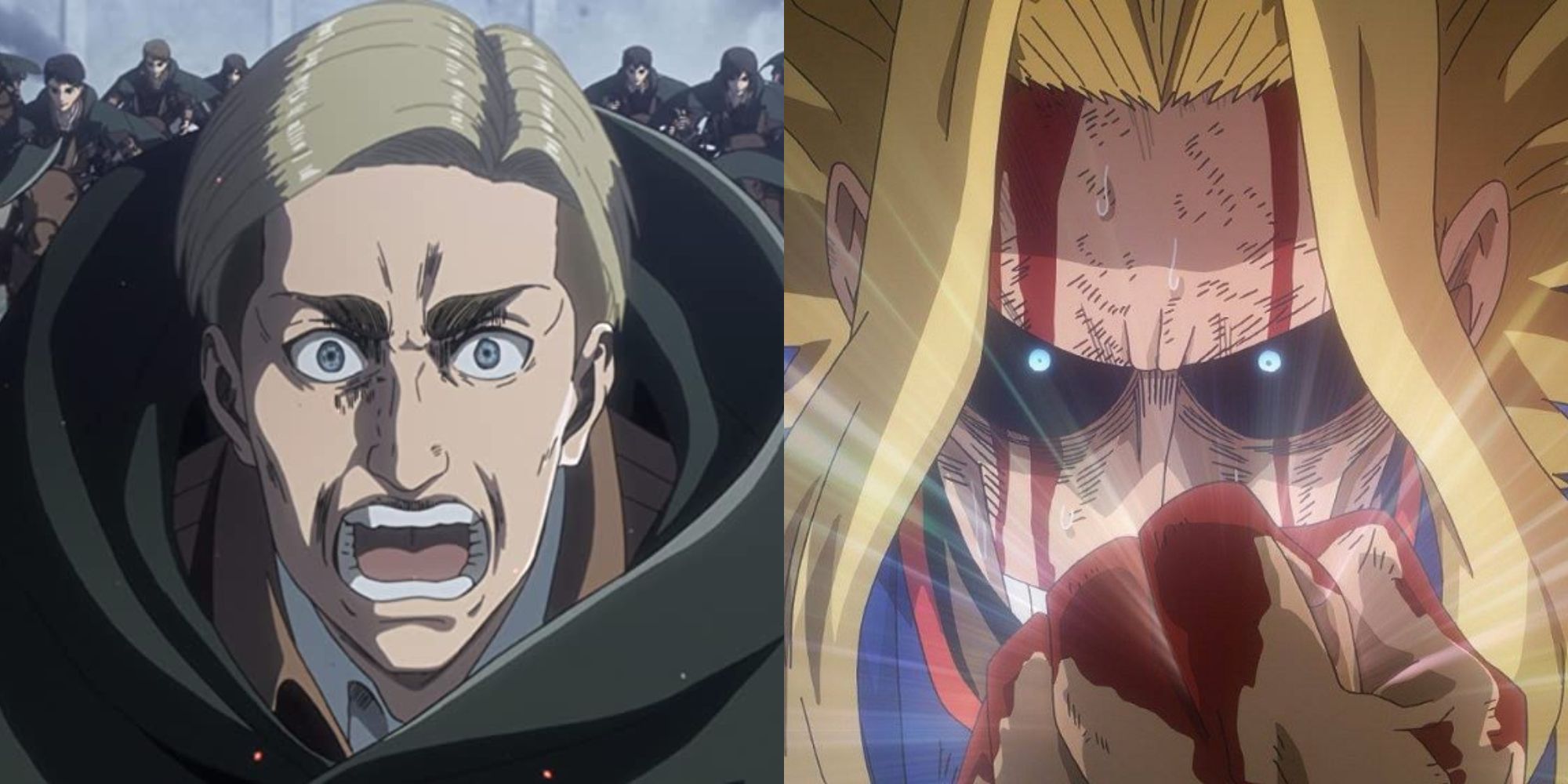 Split image showing Erwin in Attack on Titan and All Might in My Hero Academia.