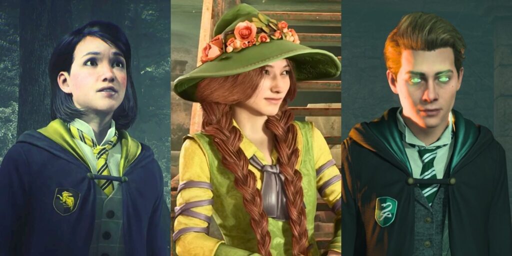 Images of Poppy Sweeting, Professor Garlick, and Ominis Gaunt from Hogwarts Legacy.