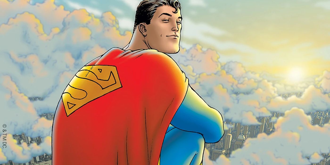 Official artwork from the All-Star Superman comics featuring Clark Kent sat above the clouds of Metropolis.