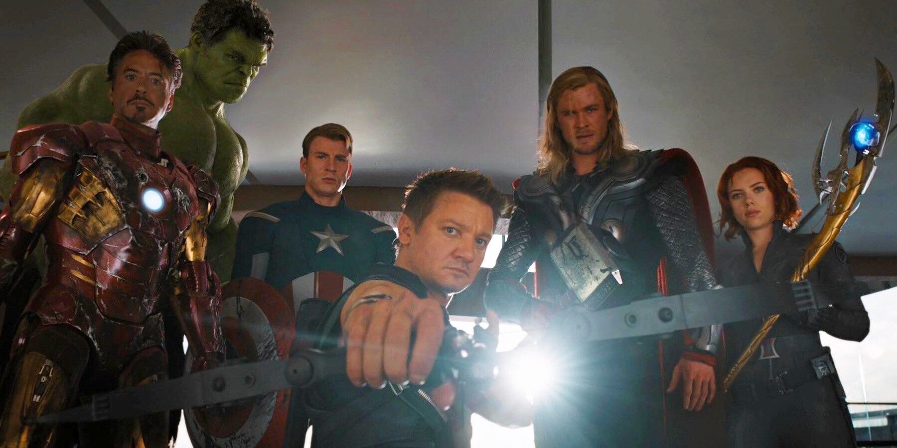 Team shot of the Avengers looking at the camera from after Hulk beats up Loki in 2012'x The Avengers.