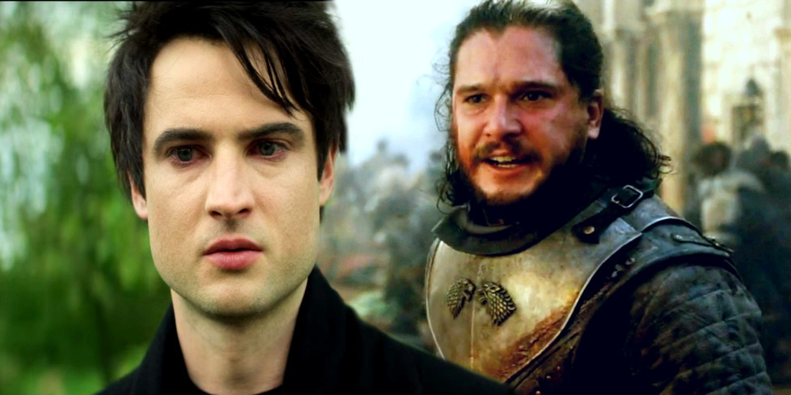 Blended image of Dream looking down in The Sandman and Jon Snow angry in Game of Thrones season 8