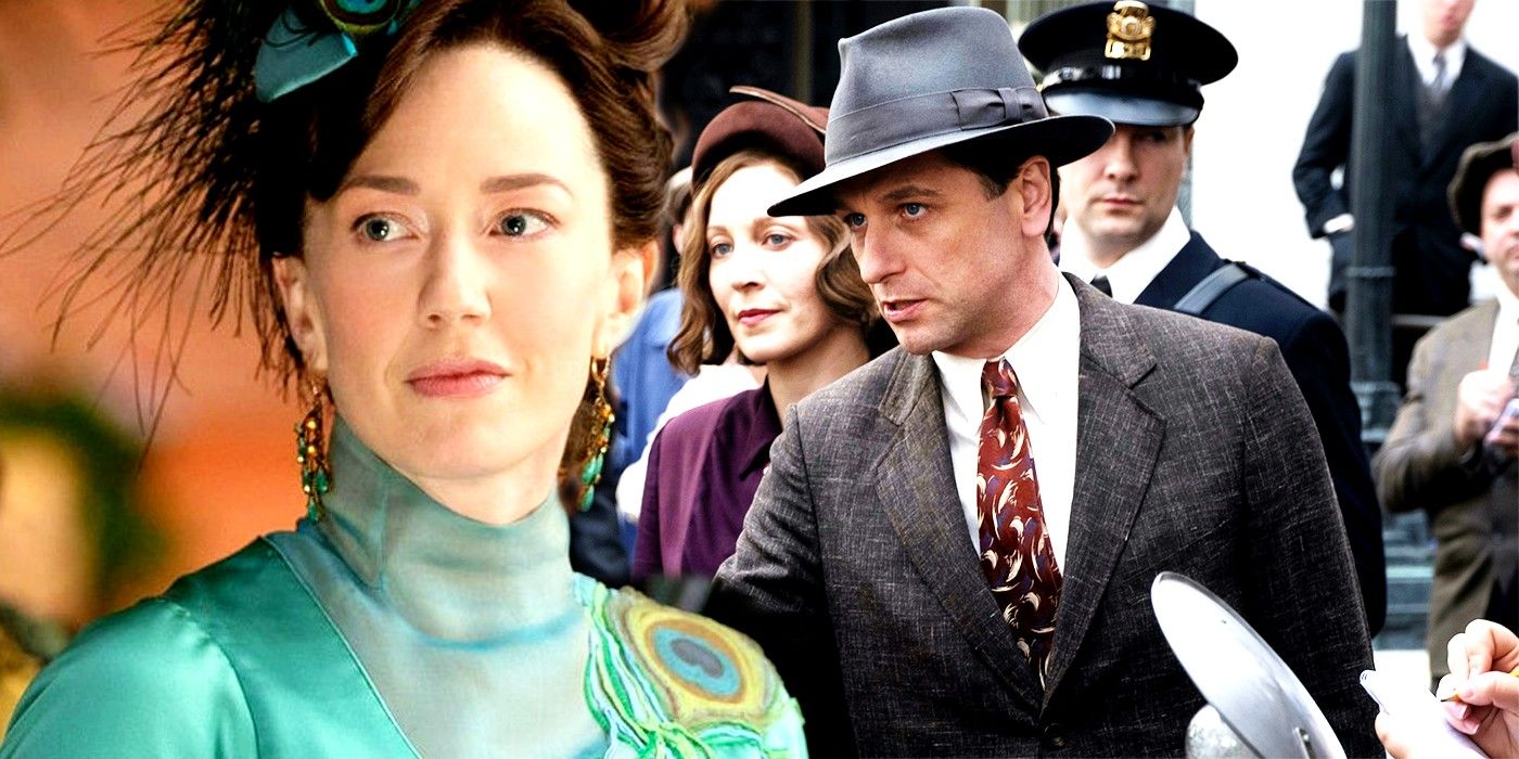 Blended image of Carrie Coon in The Gilded Age and Matthew Rhys as a lawyer in Perry Mason