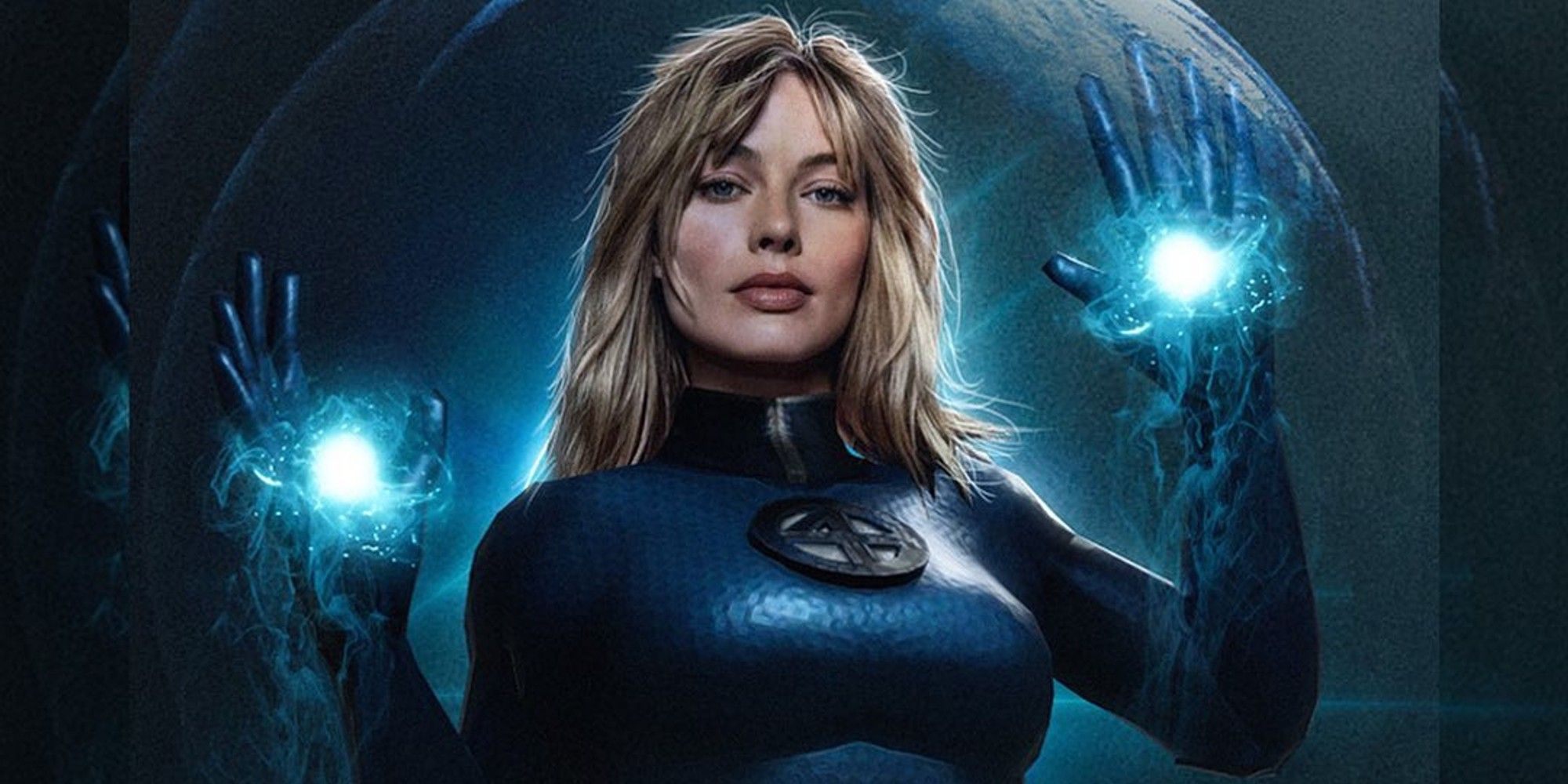 Fan art imagining Margot Robbie as Sue Storm in Marvel Studios' Fantastic Four movie, she's in her full suit and her hands are glowing from the use of her powers.