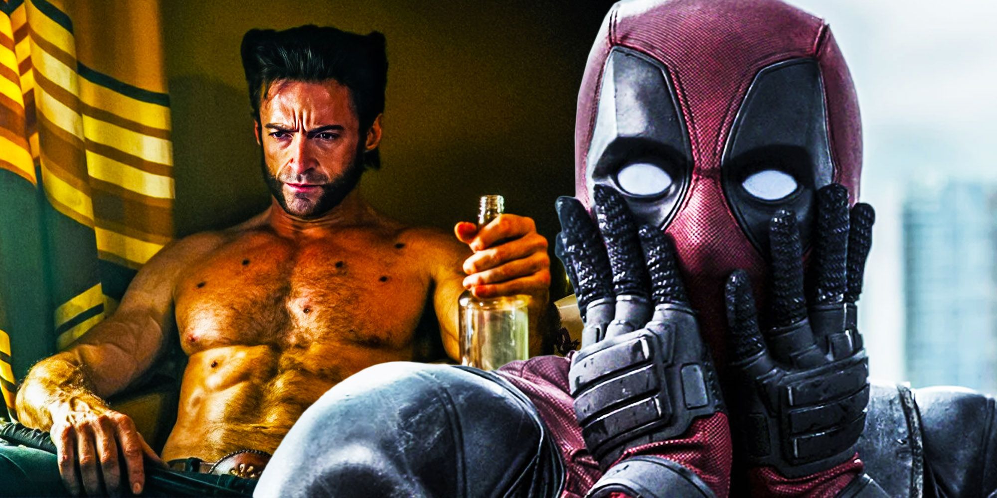 Split image of Hugh Jackman's Wolverine sitting with his shirt off and a bottle on his left haan; and Ryan Reynolds' Deadppol taking his hands to his face as a sign of surprise.