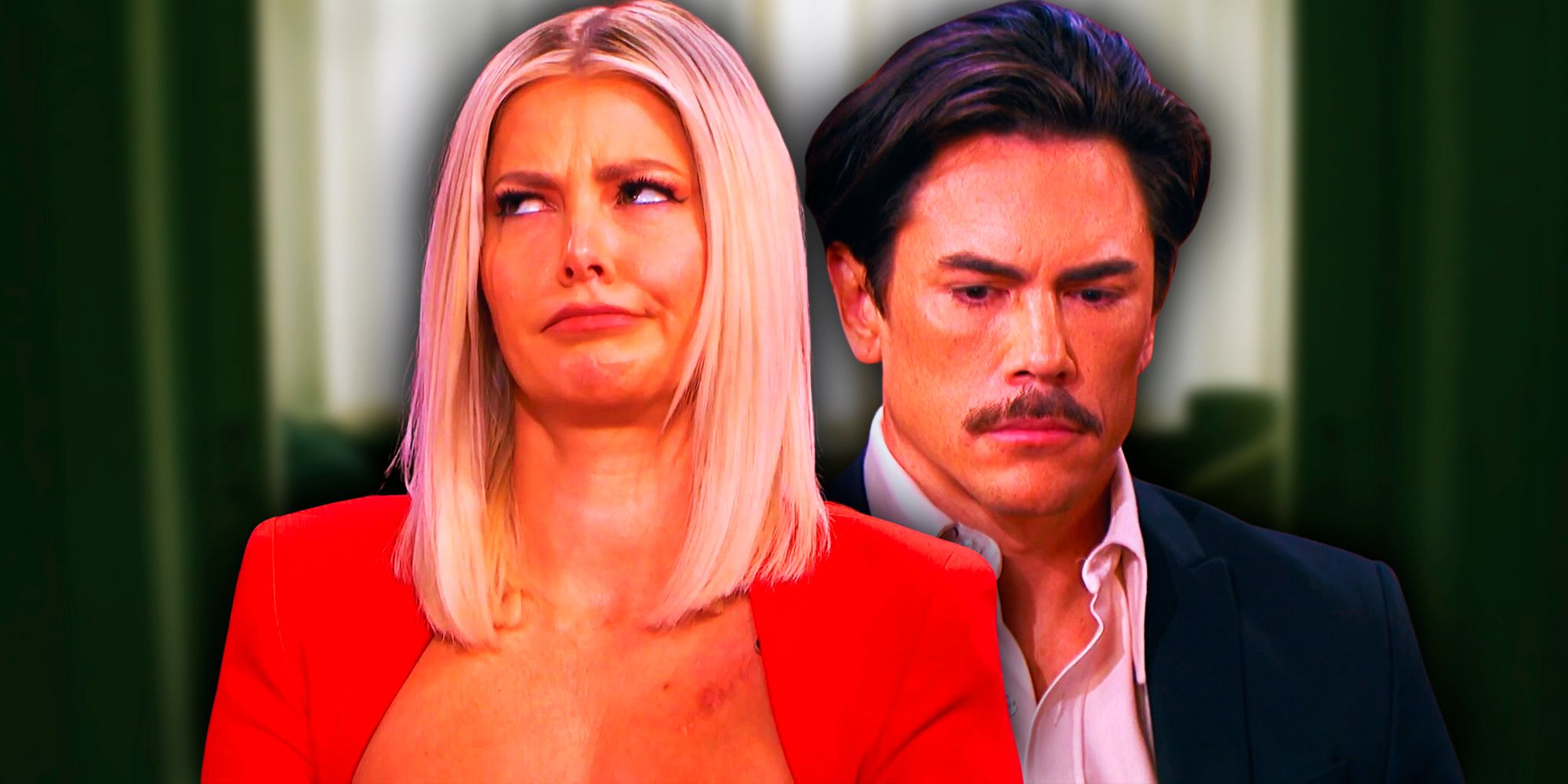 Vanderpump Rules' Ariana Madix with a questioning look and Tom Sandoval looking down