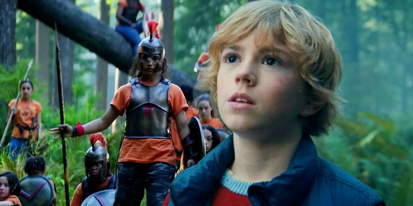 Walker Scobell in The Adam Project juxtaposted with kids in armor from Percy Jackson and the Olympians.