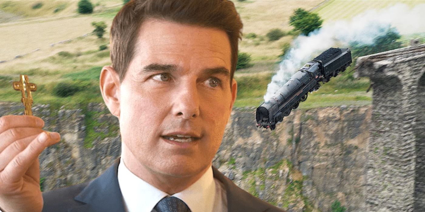 Tom Cruise in Mission Impossible 7 smugly holding up a key backdropped by a train plunging off the end of a collapsed bridge into a ravine
