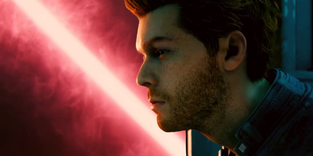 A close-up of Cal Kestis in profile, with the left side of the background cut out and replaced by a glowing red lightsaber.