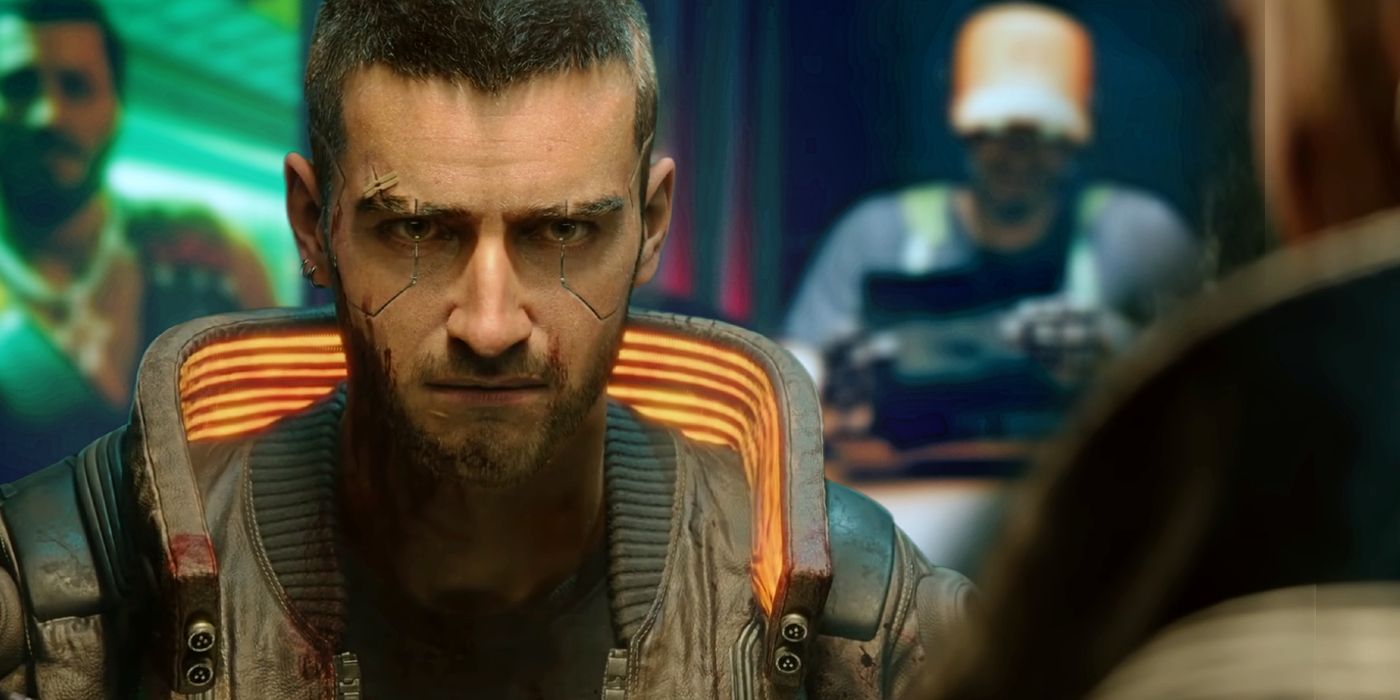 Cyberpunk 2077's male V scowling at a character off-screen. Stills from the three lifepaths are blurred in the background behind him.