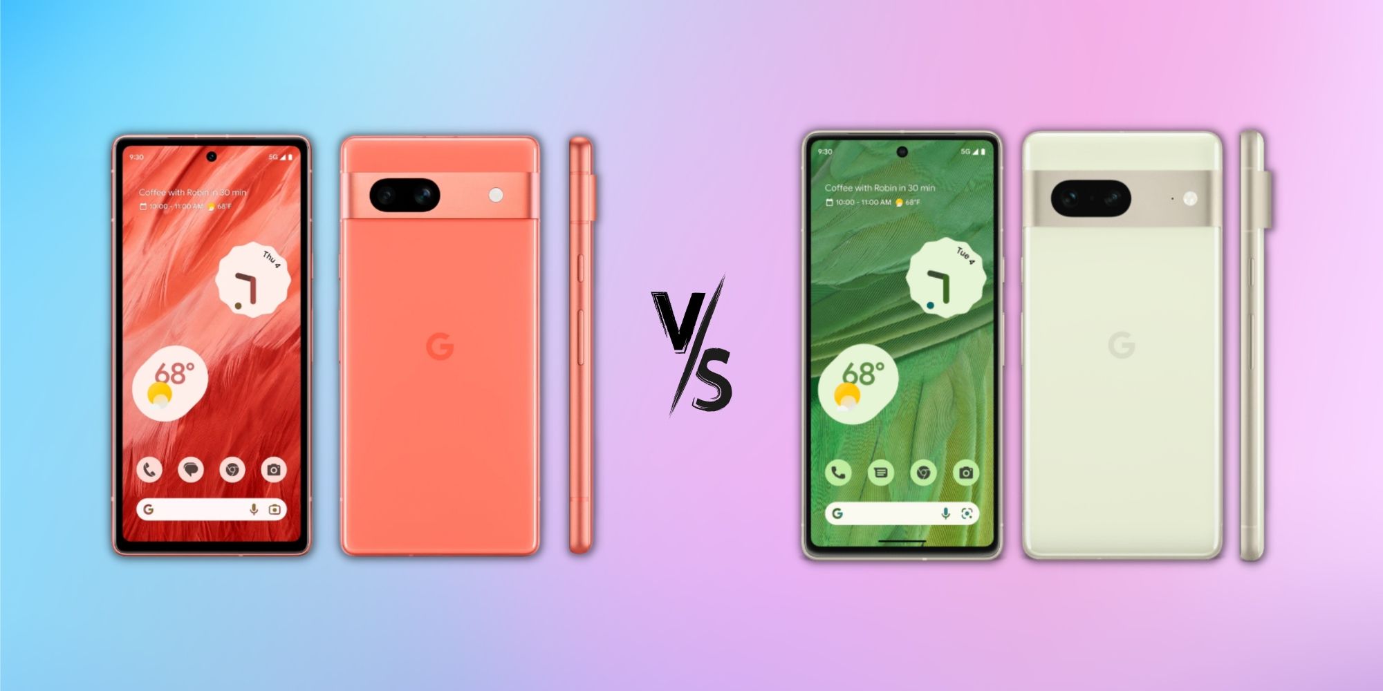 Image of the Pixel 7a in coral color alongside Pixel 7 in Lemongrass color with a versus sign in between