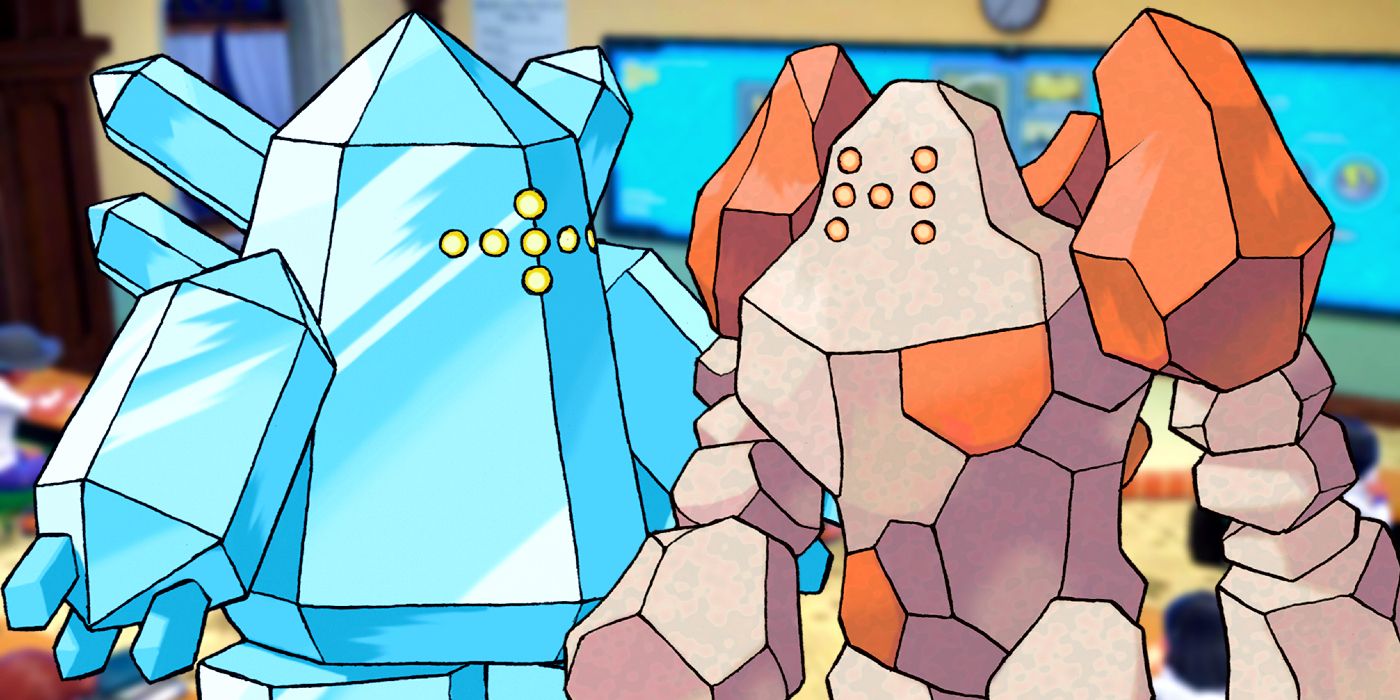 Regice and Regirock in front of a blurred background showing a classroom from Pokémon Scarlet and Violet.
