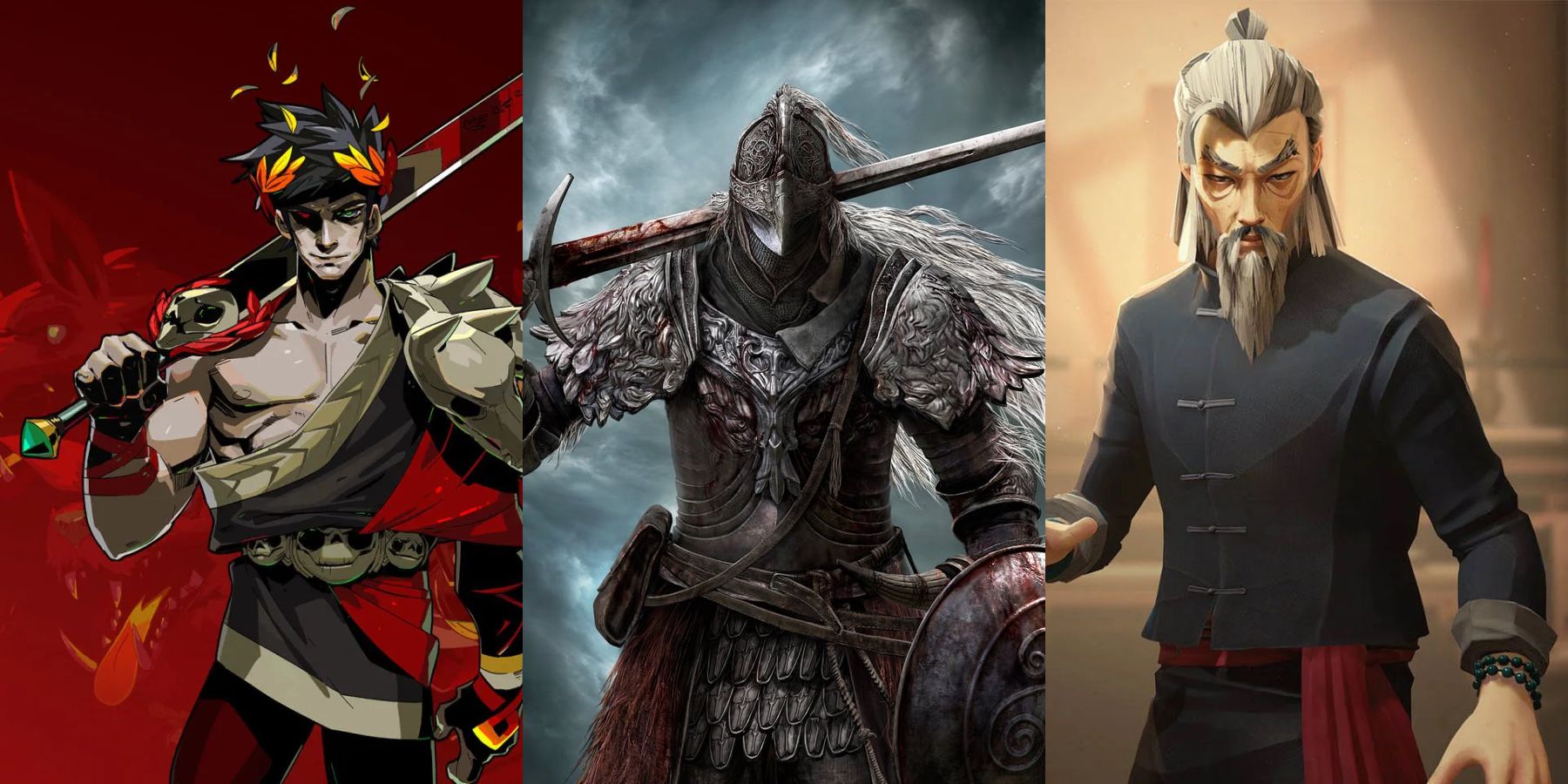 A vertically split image showing three characters from separate games. From left to right: Zagreus from Hades, holding a sword on one shoulder; a Tarnished character from Elden Ring wearing the Raging Wolf armor set, carrying a sword and shield covered in blood; and the male option for the main character in Sifu, an elderly man wearing traditional martial arts clothing.
