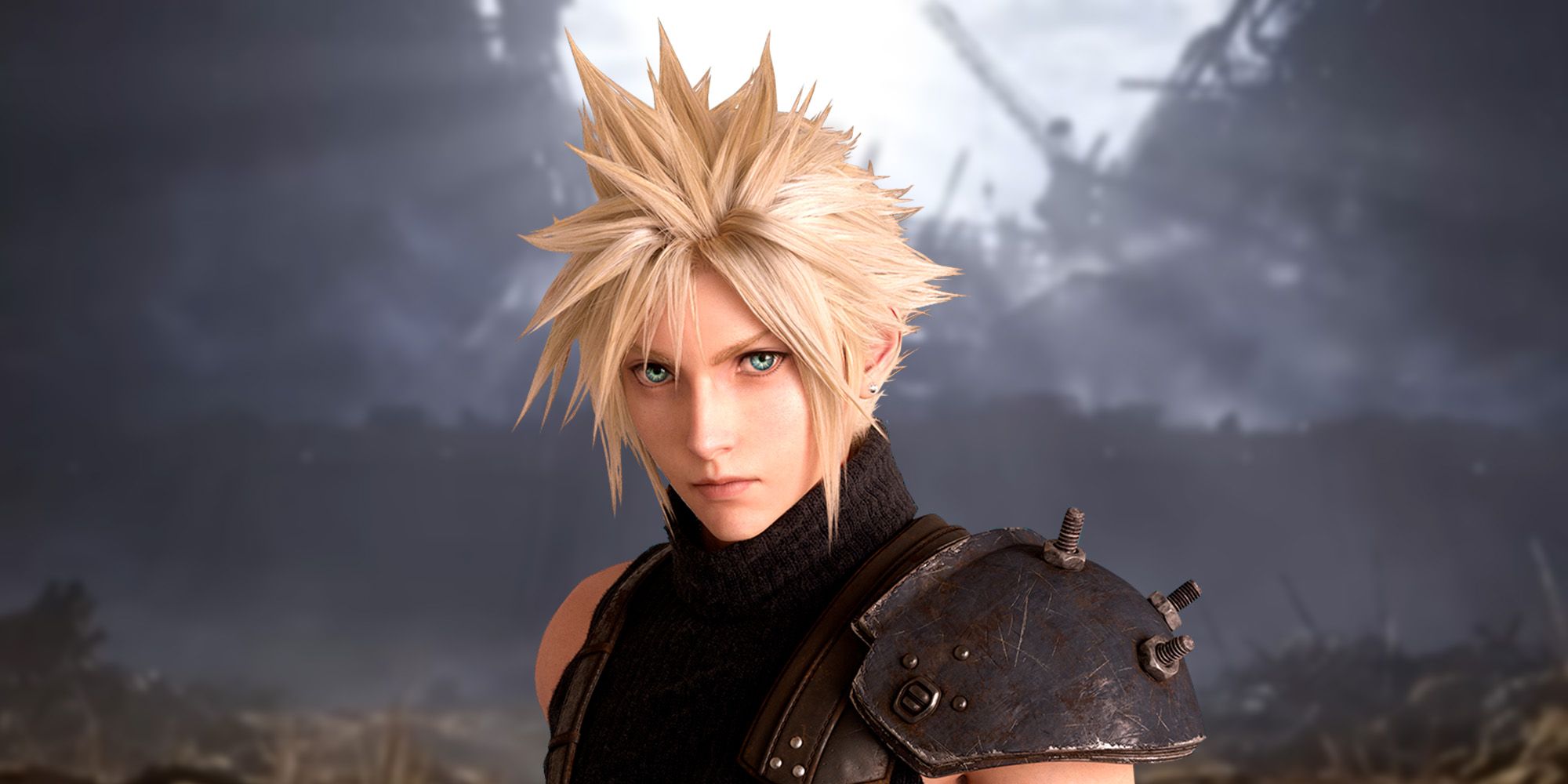 Final Fantasy 7 protagonist Cloud in front of a blurred background of ruins from FF7 Rebirth.