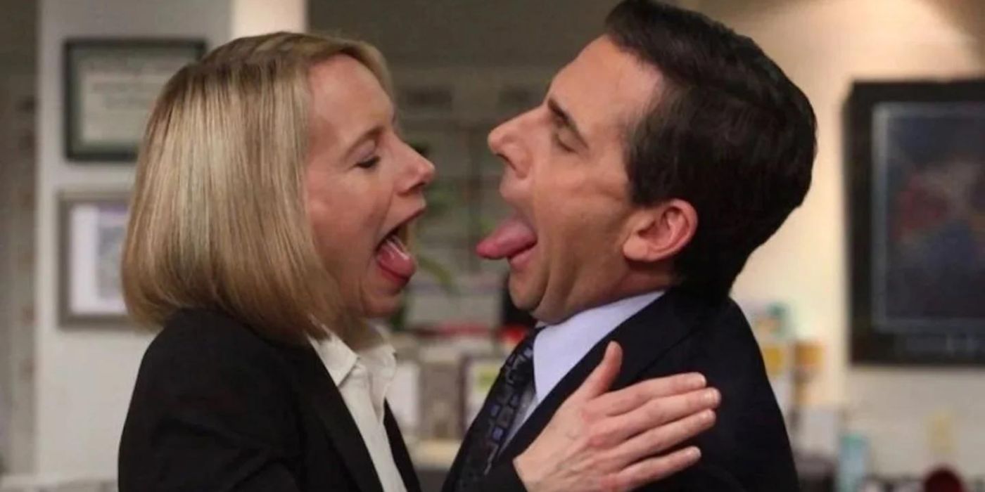 Michael and Holly sticking their tongues out at each other on The Office