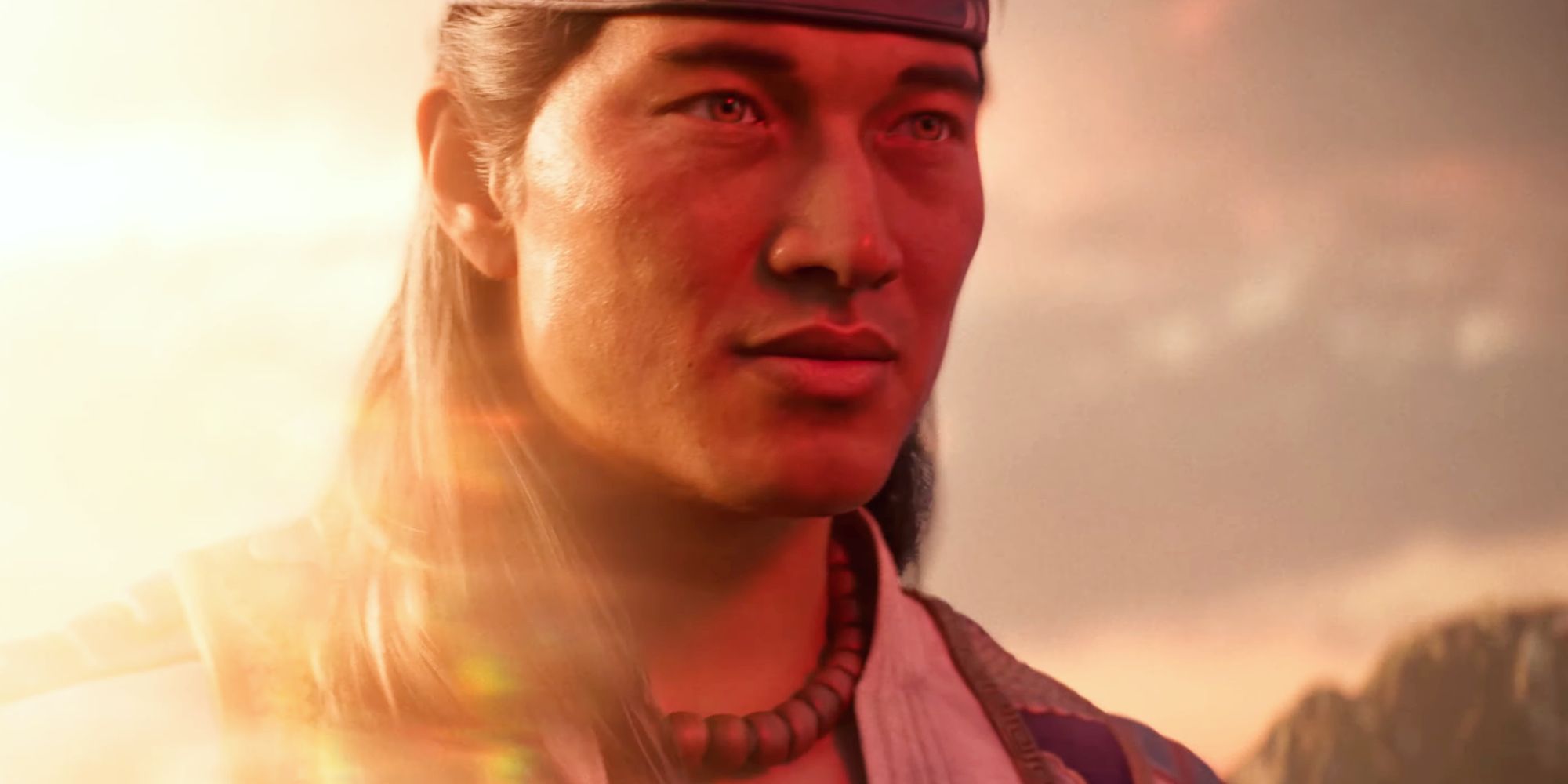 Liu Kang in the Mortal Kombat 1 trailer, with a bright sunset behind him.