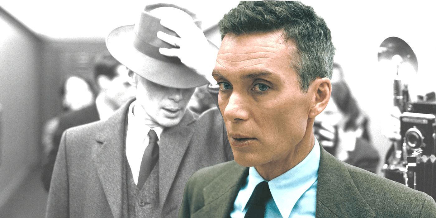 Cillian Murphy in Oppenheimer in color wearing a suit and looking serious over Murphy in Oppenheimer in black and white striding down a hallway while putting on his hat