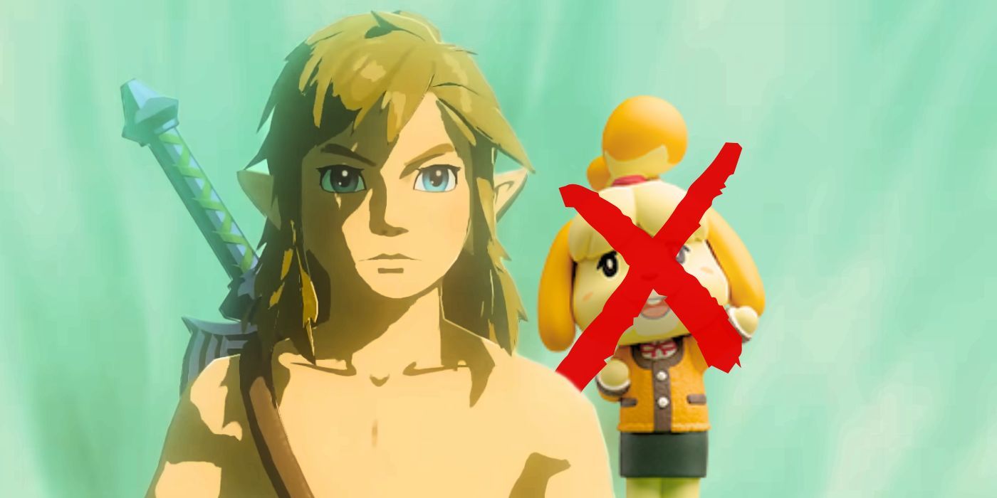 Link from Tears of the Kingdom looking angry, his face obscured with shadow. An Isabelle Amiibo from Animal Crossing is on his right with a large red X on her face.